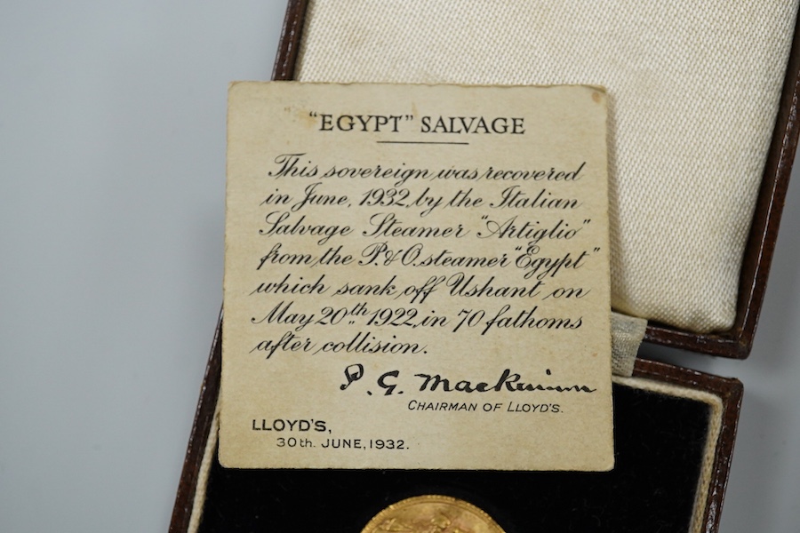 British gold coins, George V, gold sovereign, 1912, VF, in case with certificate stating the sovereign was recovered in June 1932 by the Italian salvage steamer ‘Artiglio’ from the P & O steamer ‘Egypt’ which sank off Us